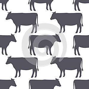 Cow silhouette seamless pattern. Beef meat. Background for food packaging or butcher shop design. Vector illustration.