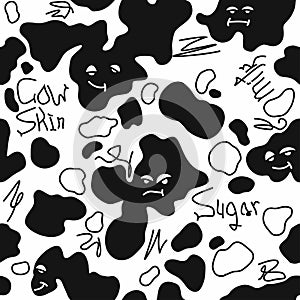 Cow skin texture, black and white spot repeated seamless pattern. Animal print stains. Vector