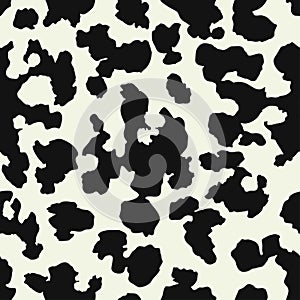 Cow skin texture, black spot repeated seamless pattern. Animal print dalmatian dog stains. Vector