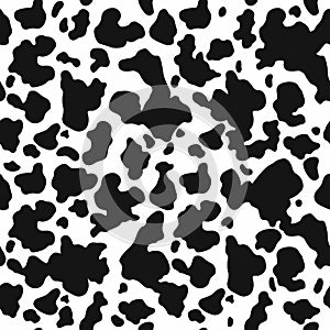 Cow skin texture, black and white spot repeated seamless pattern. Animal print. Vector