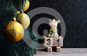 Cow on a sled with the number 31. Christmas background