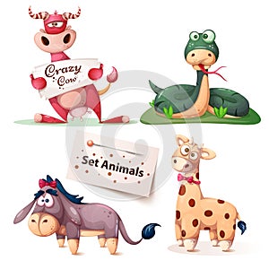Cow, snake, donkey, giraffe - set animals.