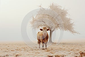 a cow standing in a field next to a tree