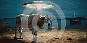 A cow is standing in front of an ufo ship light at the beach, in the style of portraitures with hidden meanings, concept