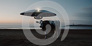 A cow is standing in front of an ufo ship light at the beach, in the style of portraitures with hidden meanings, concept