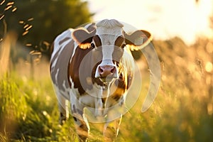 A cow standing in grass swatting flies with it s tail AI generated