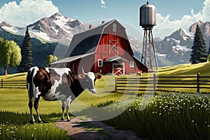 A cow stands in front of a farm barn. Charm of the countryside setting.