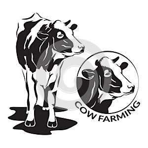 Cow stylized symbol and cow head portrait, farm animal