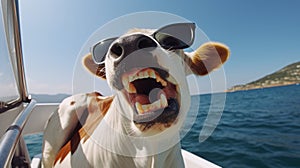 A cow with sunglasses and a scarf is sitting on a boat in the ocean, Ai Generated