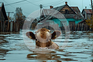 Cow swimming through floodwater in a rural village with submerged houses. human impact, community rebuilding, extreme photo