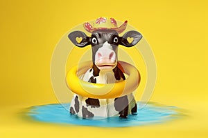 Cow in swimming suit ready to swim on yellow background