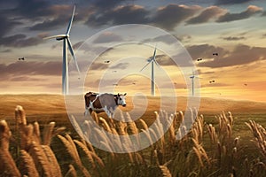 cow tail swishing in a field with wind turbines in distance