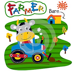 Cow and tractor funny animal cartoon,vector illustration