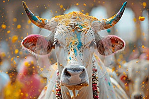 A cow with vibrant paint on its face, celebrating at the Holi Festival of Colors in India