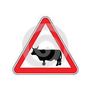 Cow Warning sign red. Farm Hazard attention symbol. Danger road