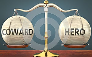 Coward and hero staying in balance - pictured as a metal scale with weights and labels coward and hero to symbolize balance and