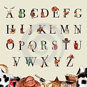 Cowboy alphabet design with cow skull, cactus, money, gun watercolor illustration