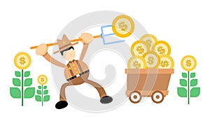 cowboy america and gold coin dollar money cart business cartoon doodle flat design vector illustration