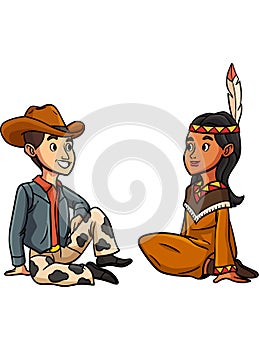 Cowboy with American Indian Girl Cartoon Clipart