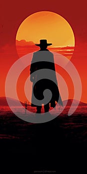 A cowboy in the background of a Texas, Classic retro western movie poster with an outlaw sheriff man silhouette