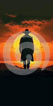 A cowboy in the background of a Texas, Classic retro western movie poster with an outlaw sheriff man silhouette