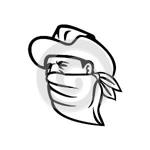 Cowboy Bandit or Outlaw Wearing Face Mask Looking Side Mascot Black and White