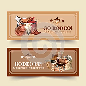 Cowboy banner design with saddle, hat, boots, cow skull, money watercolor illustration