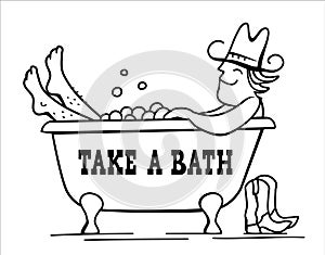 Cowboy bathing. Vector cowboy bathing in bathtub vector hand drawn illustration isolated on white for design