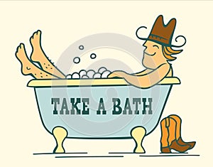 Cowboy bathing. Vector colored cowboy bathing in bathtub vector hand drawn illustration for design