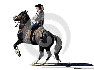 Western cowboy riding a rearing black horse photo