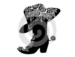 Cowboy boot black silhouette for text or decoration. Vector Cowgirl party printable illustration isolated on white. Western boot photo