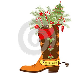 Cowboy boot with Christmas elements isolated on wh