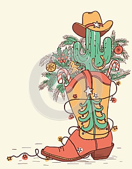 Cowboy boot with Christmas elements isolated on white.Vector han