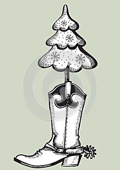 Cowboy boot with christmas tree.Black graphic