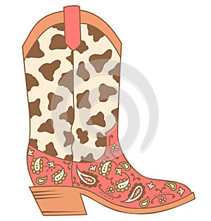 Cowboy boot with cow decoration vector colors illustration. Vector American cowboy boot with red bandanna deco