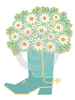 Cowboy boot floral. Vector cowboy boot and fresh chamomile bouquete isolated on white background photo
