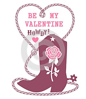 Cowboy boot with flower rose decoration and rope frame. Vector Wild West boot Rodeo illustration Country Valentine day isolated on