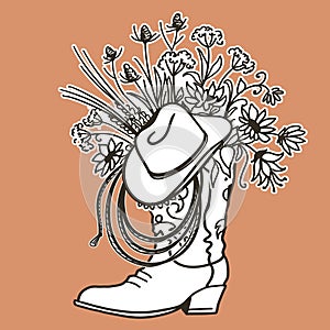 Cowboy boot with Flowers and cowboy hat and lasso decor. Sketch hand drawn vector close-up illustration