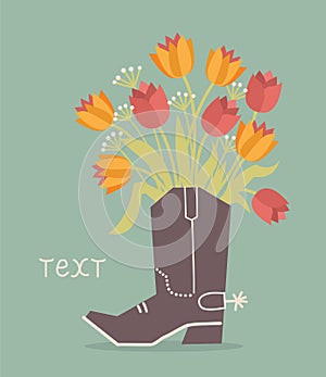 Cowboy boot with flowers decoration. Vector cowboy boot and beautiful yellow tulips flowers on background