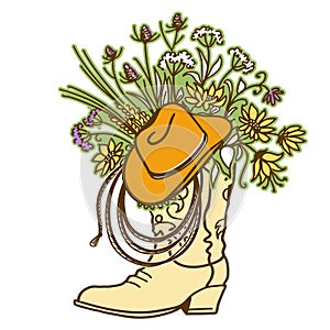 Cowboy boot with Flowers and cowboy hat and lasso decor. Sketch hand drawn vector close-up color illustration photo