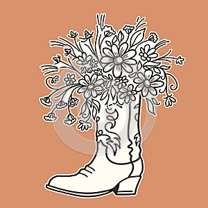 Cowboy boot with Flowers isolated for design. Sketch hand drawn vector close-up illustration