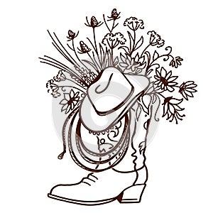 Cowboy boot with Flowers isolated on a white background. Sketch hand drawn vector close-up illustration with cowboy hat and lasso