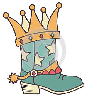 Cowboy boot with gold King crown. Cowgirl crown boot stars decoration vector color printable illustration isolated on white backgr