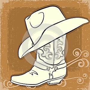 Cowboy boot and hat. Vector vintage image photo