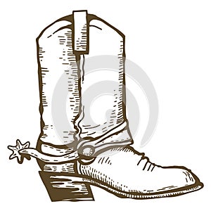 Cowboy boot. Vintage Wild West clothes hand drawn illustration. Vector country ranch isolated on white