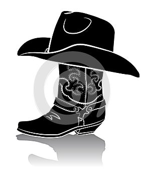 Cowboy boot and western hat.Black graphic