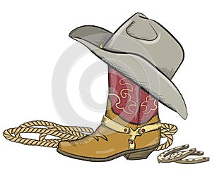 Cowboy boot with western hat isolated on white photo