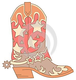 Cowboy boot western stars decoration. Vector colors illustration of Cowboy boot with leather stars decor printable