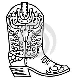 Cowboy boot with Wild West decoration vector illustration. Vector American cowboy boot with bull skull and horseshoe decor black w