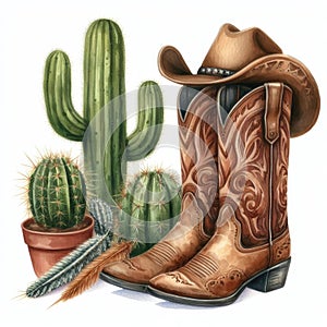 Cowboy boots, cactus and hat. Watercolor illustration